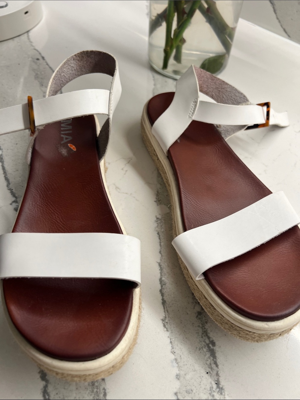 MIA White Leather Platform Ankle-Strap Sandals